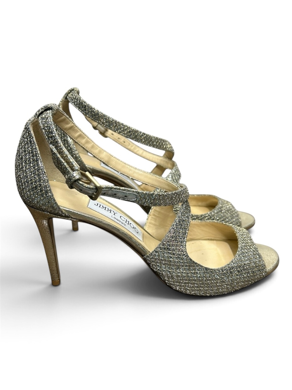 Jimmy Choo Emily Gold Glitter Strappy Heels Sandals Stiletto Formal Evening 39.5